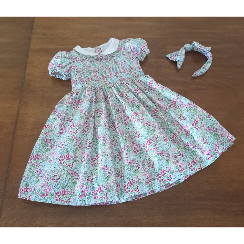 Janie and Jack Girls The Charlotte iced aqua Floral Smocked Dress Size 4  EUC